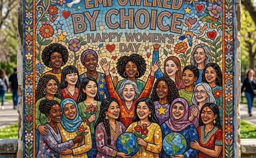 Mosaic artwork celebrating women's diversity and strength with diverse women and 'Happy Women's Day' text