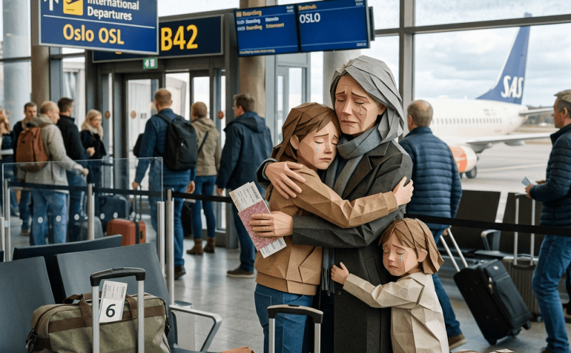 Family embraces at Oslo international departures gate B42 beside luggage